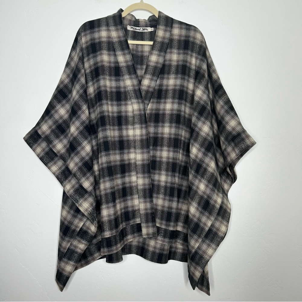 Michael Stars Black Gray Plaid 100% Cotton Flannel Poncho OS Fall Winter USA